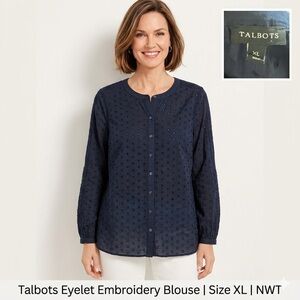 Talbots Navy Blue Swiss Dot Button-Front Blouse